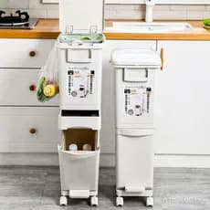 Lixeira de cozinha com compartimentos para separação de resíduos secos e úmidos, de chão, operada por pedal, automática
