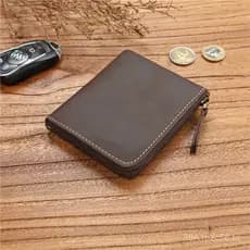Carteira Masculina Vintage de Couro Genuíno Crazy Horse de Primeira Camada, Curta, com Zíper, Ultra Fina, Horizontal, Si