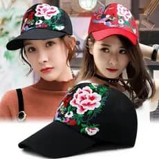 Boné feminino de aba longa com bordado floral, estilo étnico, chapéu de sol para viagens ao ar livre.