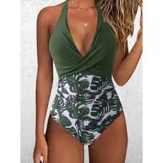 Maiô de uma peça com estampa Tropical verde militar