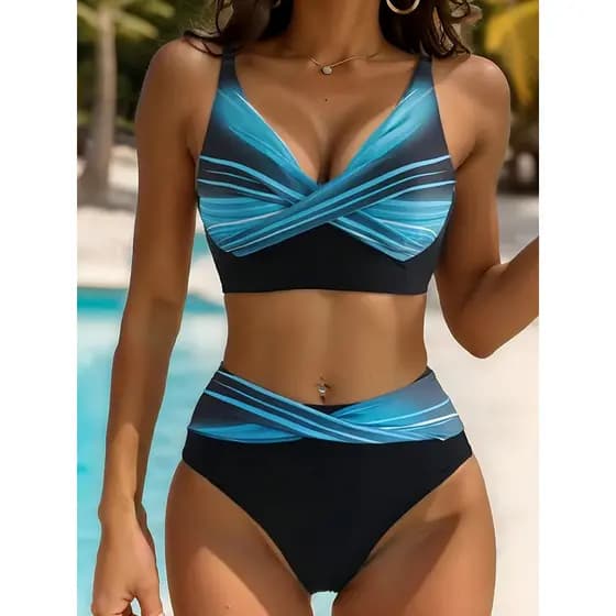 Terno de biquíni cruzado azul preto gradiente de cintura alta, moda feminina verão praia