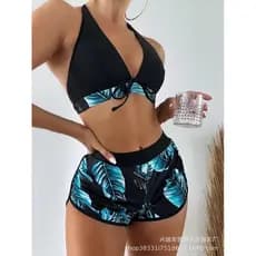 Biquíni estampado verde de duas peças com cadarço confortável terno de praia feminino