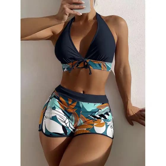 Biquíni frente única, Shorts de praia estampados, biquíni azul escuro, estampa Tropical, biquíni com cadarço