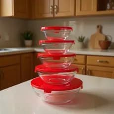 Kit 5 Tigelas de Vidro com Tampa Hermética Potes Redondos Cozinha Armazenamento Alimentos