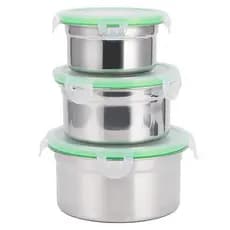 Kit 3 Potes Inox 304 com Tampa Hermética Tigelas Aço Inoxidável Geladeira Mantimentos