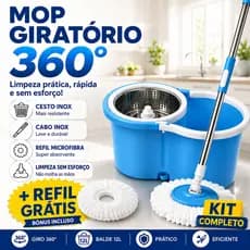 Mop Giratório 360 Balde 12L Cesto Inox Cabo Inox 2 Refis Microfibra Limpeza Prática