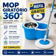 Mop Giratório 360 Com Centrífuga Balde 12L Cesto Inox Cabo Inox 2 Refis Para Todos Os Pisos