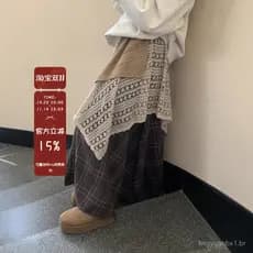 Saia de lã escovada com patchwork de renda e padrão xadrez para mulheres, nova saia de cintura alta, comprimento médio e