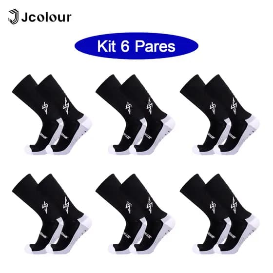 Jcolour Kit 6 Meias de Futebol tubo médio Thundergrip Esportivas Corrida Antiderrapante Futebol