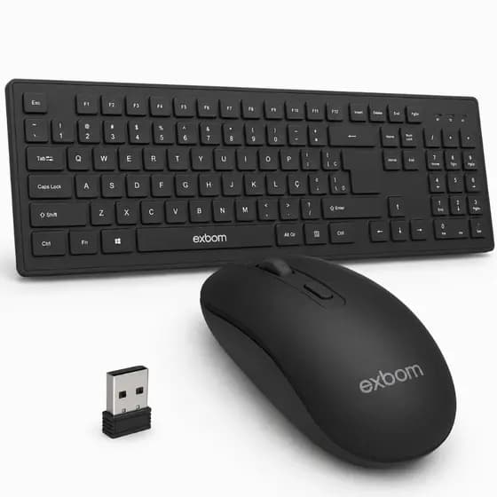 Exbom Teclado Sem Fio Preto Slim ABNT2 Silencioso  Mouse Ergonômico com Pilha Home Office Plug and Play USB Kit completo