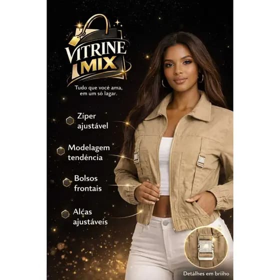 Jaqueta Feminina Cropped com Zíper – Estilo Moderno & Detalhe com Brilho