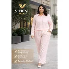 Conjunto Feminino Linho Premium GG Camisa + Calça Soltinha Elegante Confortável Moda Casual