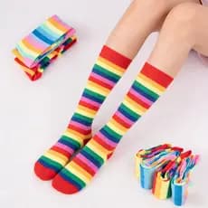 KIT 1/2/6 Meias Canela Arco Iris Colorida Listrada Cano Alto - Festa e Cosplay - Infantil e Adulto
