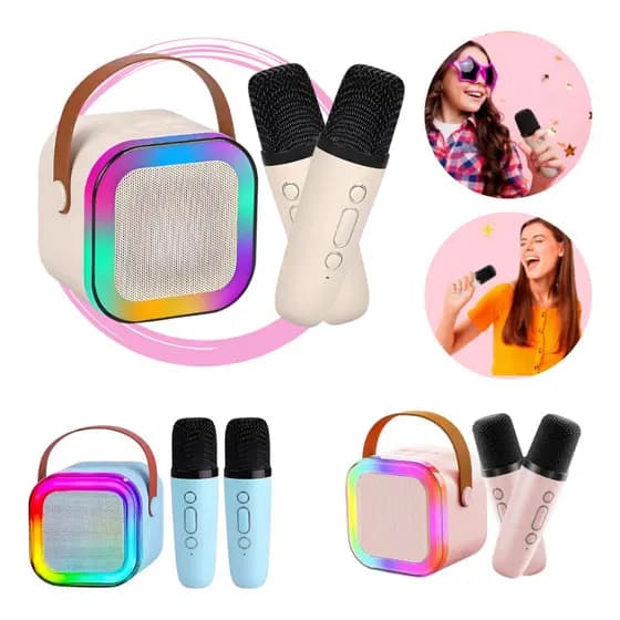 K12 Caixa de Som Karaokê Portátil Bluetooth Com 2 Microfones LED RGB Festa Casa