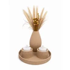 Kit Decorativo Vaso Canelado Centro de Mesa 3 Peças Bege Moderno para Sala e Escritório