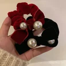 Elástico de Cabelo Vermelho para o Ano Novo 2026, Novo Modelo, Scrunchie de Veludo com Pérolas, Estilo Francês, Acessóri