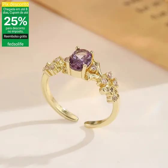 Fedsolife anel ajustável francês Retro roxo zircão folha anel nicho luz luxo Micro-incrustado artesanato suave clareamen