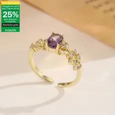 Fedsolife anel ajustável francês Retro roxo zircão folha anel nicho luz luxo Micro-incrustado artesanato suave clareamen