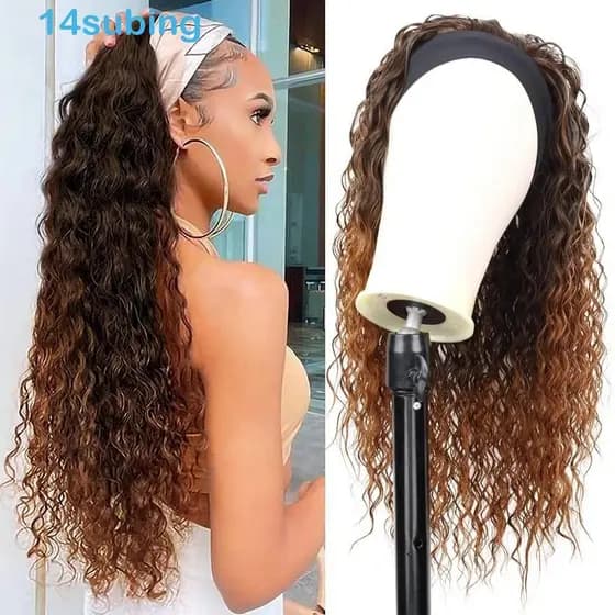 SUBING Perucas De Faixa De Cabeça Sintética , Cabelo De Ondas Profundas Respiráveis Naturais , Longo Ondulado E Encaraco