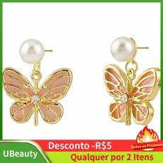 Brincos de Borboleta Rosa para Mulheres, Brincos Pendentes de Pérola Banhados a Ouro com Esmalte, Brincos Elegantes de B