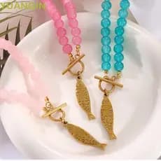 Colar De Aço De Titânio YUANQINZT , Peixe Elegante Com Fivela OT Contas De Vidro Minimalista Em Camadas