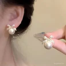 Brincos de pérola com laço e zircônia microincrustada, elegantes e luxuosos, com toque sofisticado, design exclusivo par