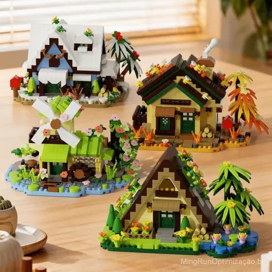 Casa de Madeira Four Seasons Cottage, Cena de Rua, Blocos de Construção Montáveis, Decoração Criativa para Mesa, Brinque