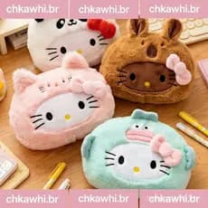 Bonito Cross-Dressing Hellokitty Caso De Lápis De Pelúcia Grande Capacidade Saco De Papelaria Armazenamento Criativo Cos