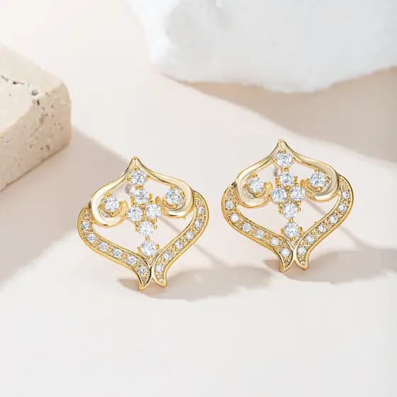 [Estoque pronto] Brincos franceses retrô amor coração banhados a ouro artesanato brincos Super piscantes brincos combina