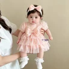 Bebê cem dias banquete vestido de princesa verão vestido de renda fina feminino bebê cem dias vestido de bolo de anivers