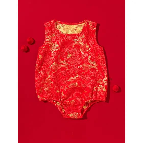 Bebê bebê vermelho dourado dragão roupas macacão do bebê recém-nascido mês inteiro cem dias macacão do bebê verão estilo