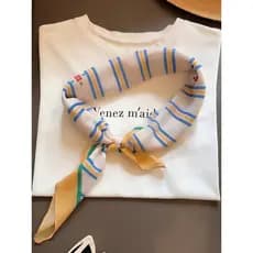 Estilo Preppy azul amarelo listrado Floral lenço de seda em camadas pequeno lenço quadrado decorativo cintura cachecol f