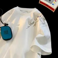 Novo estilo chinês pesado de manga curta camiseta masculina verão Street Wear meia manga 2024 novo estilo roupas masculi