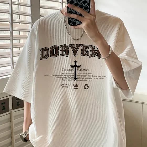 Cruz Waffle camiseta masculina verão americano pesado de manga curta Street Wear gordo Plus Size adolescente camiseta de