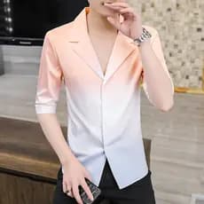 Camisa masculina de verão manga três quartos versão coreana fino ajuste na moda rufião bonito terno colarinho de manga c
