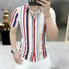 Estação europeia verão novo estilo camisa de moda masculina versão coreana ajuste fino posicionamento impresso listrado