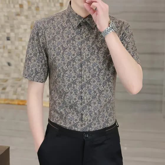 2025 verão masculino de alta qualidade elástico Anti-rugas luz negócios camisa de manga curta caju flor impressão metade