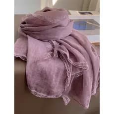 Lenço de linho de algodão com borda de renda roxa feminino primavera outono cor sólida estilo fino xale literário gaze i
