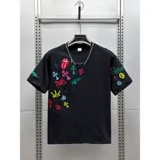 Verão novo estilo carta bordado de manga curta camiseta masculina Street Wear versão coreana magro-ajuste redondo