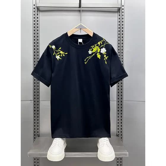 Verão flor carta bordado padrão de manga curta camiseta masculina Street Wear juventude Casual All-Match redondo