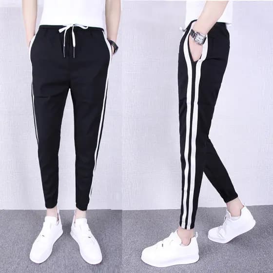 Calças listradas masculinas Slim-fit calças casuais espírito cara preto calças magras juventude versão coreana Leggings 