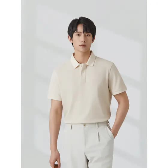 [Linho Blended] Camisa POLO Giyomon masculina de manga curta lapela champanhe verão respirável cor sólida camiseta Casua