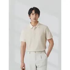 [Linho Blended] Camisa POLO Giyomon masculina de manga curta lapela champanhe verão respirável cor sólida camiseta Casua