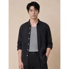 [Pure Cotton Oxford Spinning] Camisa Giyomon masculina manga comprida preta negócios Casual botão lapela camisa fácil de
