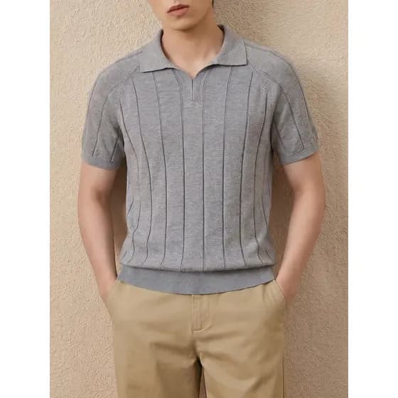 [Incluindo linho] Camisa polo masculina de malha de manga curta Giyomon listras verticais respirável Casual verão cinza