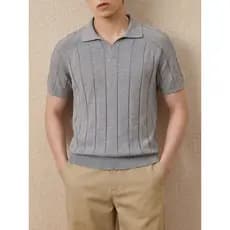 [Incluindo linho] Camisa polo masculina de malha de manga curta Giyomon listras verticais respirável Casual verão cinza
