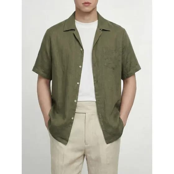 [100% Linho] Camisa Giyomon Masculina Manga Curta Casual Verde Commuter Estilo Dinheiro Antigo Camisa Respirável Primave