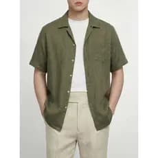 [100% Linho] Camisa Giyomon Masculina Manga Curta Casual Verde Commuter Estilo Dinheiro Antigo Camisa Respirável Primave