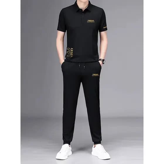 Terno Casual masculino 2026 novo estilo verão juventude esportes tendência gelo seda lapela camisa polo de manga curta t