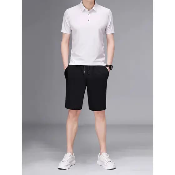 Camisa polo masculina terno verão 2026 novo estilo Casual lapela Shorts de manga curta camiseta de seda gelo esportes te